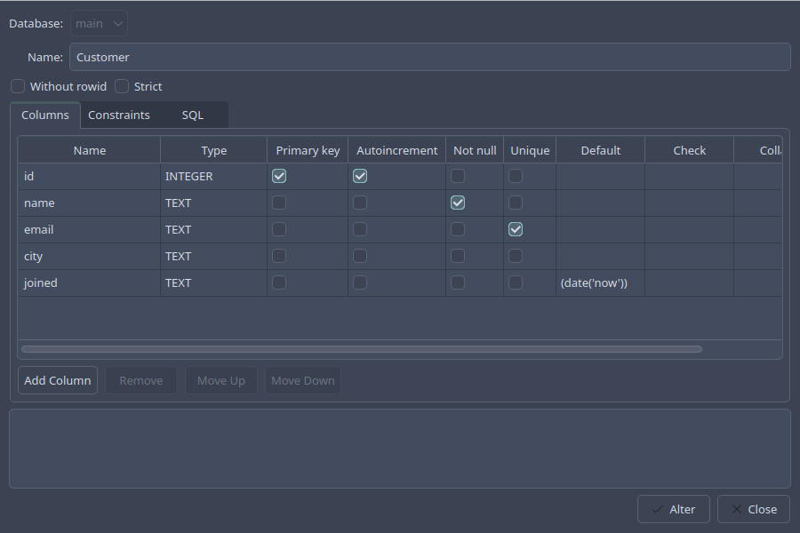 Altering a table: the SQL tab shows a rename of a column followed by a rebuild of the table