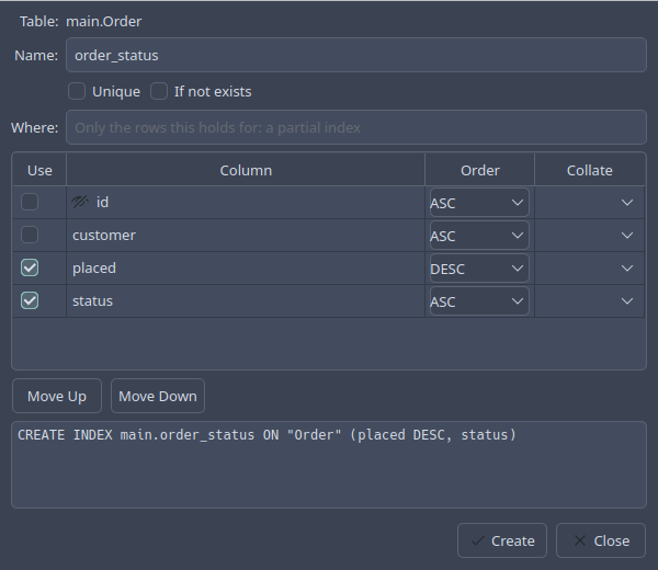 The index dialog: the table's columns to choose from, with their order and collation