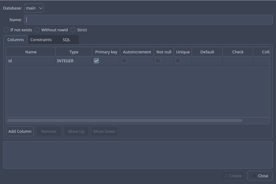 The table dialog: the columns in a grid, with their types, keys, defaults and constraints