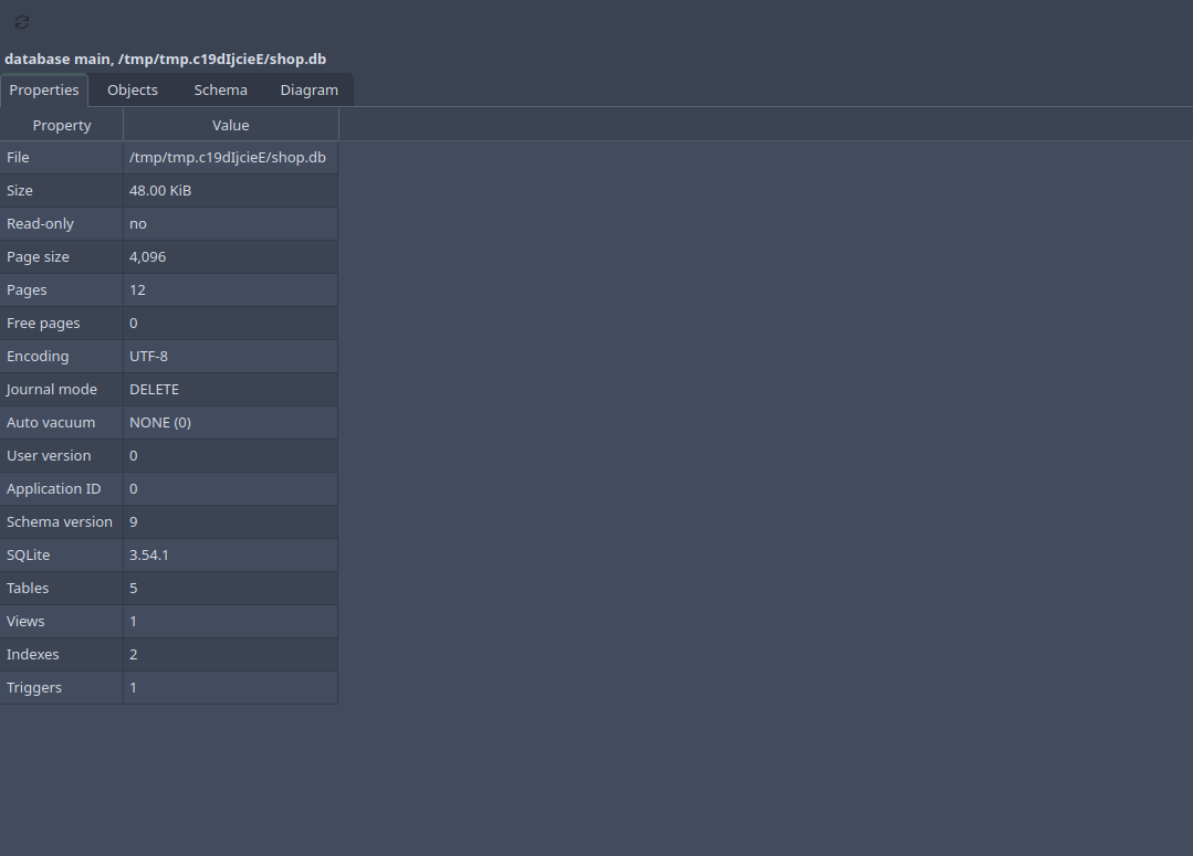 The page of the main database at its Properties tab
