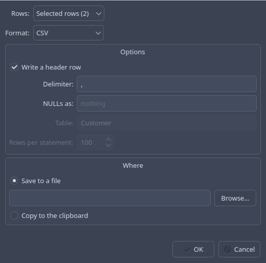 The export dialog: which rows, the format and its options, and where to