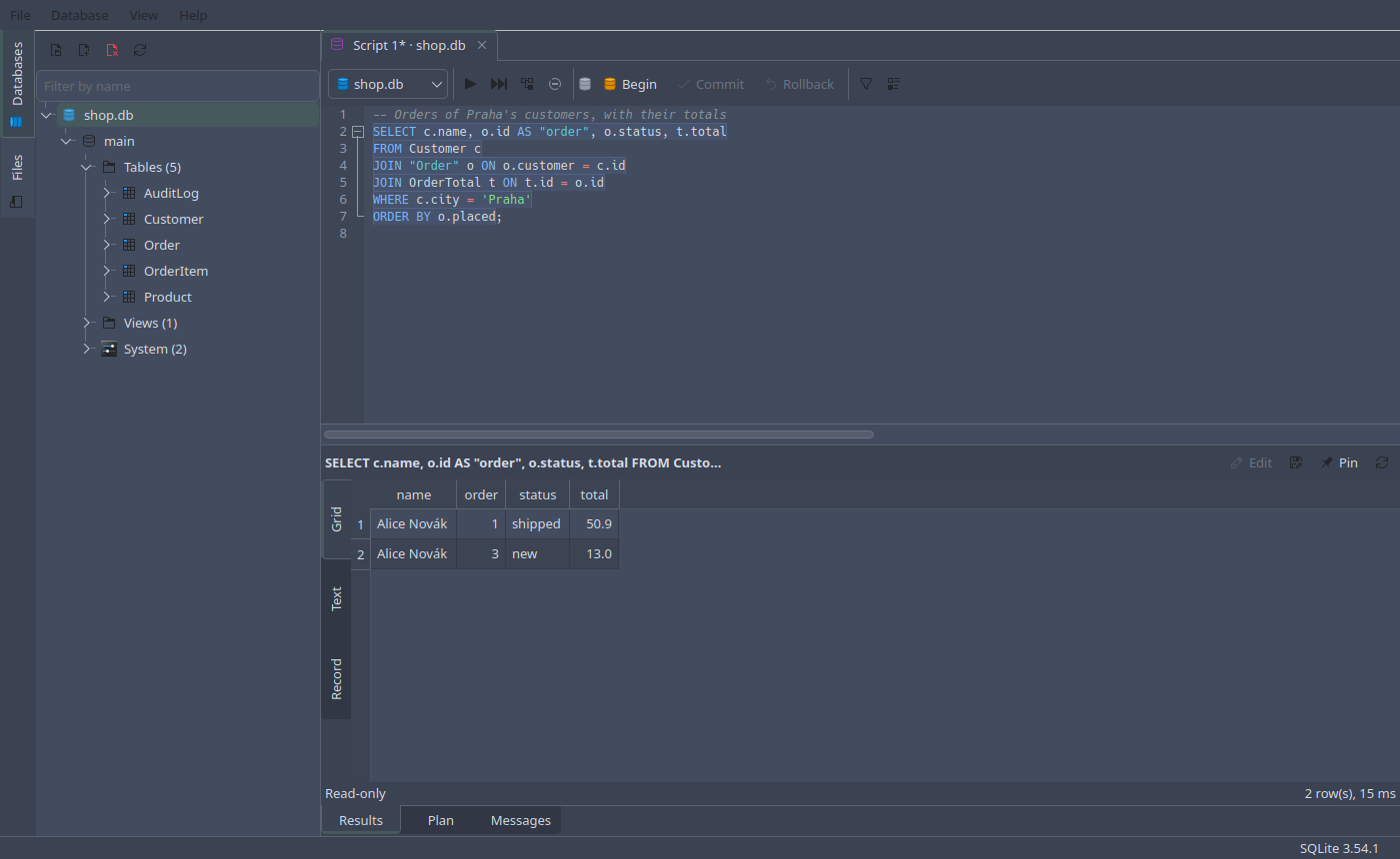 The main window: the database browser, a SQL editor and its results