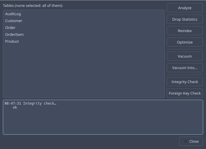 The maintenance dialog: the tables to work on and the operations, with a log