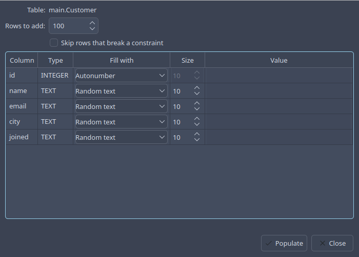 The populate dialog: each column with how to fill it