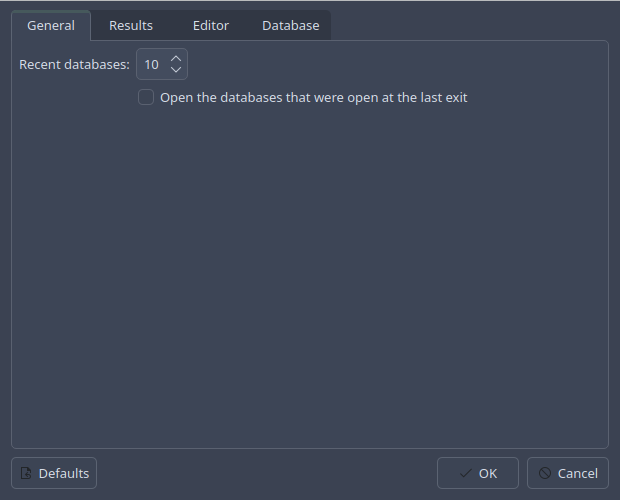 The preferences: the General, Results, Editor and Database tabs