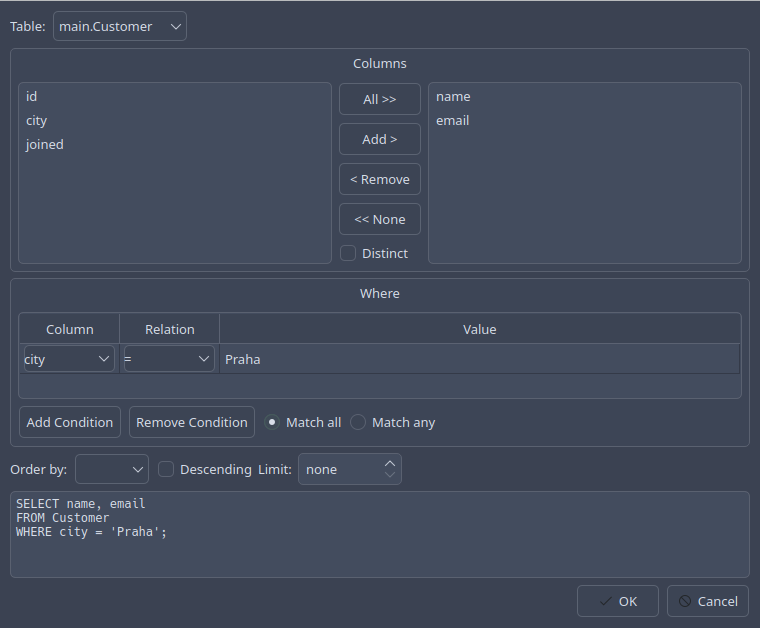 The query builder: the columns of a table to pick, conditions, an order and a limit